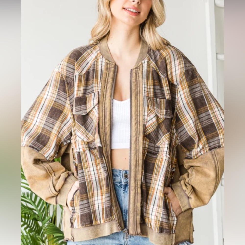 3599 Size Large OLI & HALI  417 🇺🇸WASHED MIXED MEDIA PLAID ZIP FRONTJACKET New